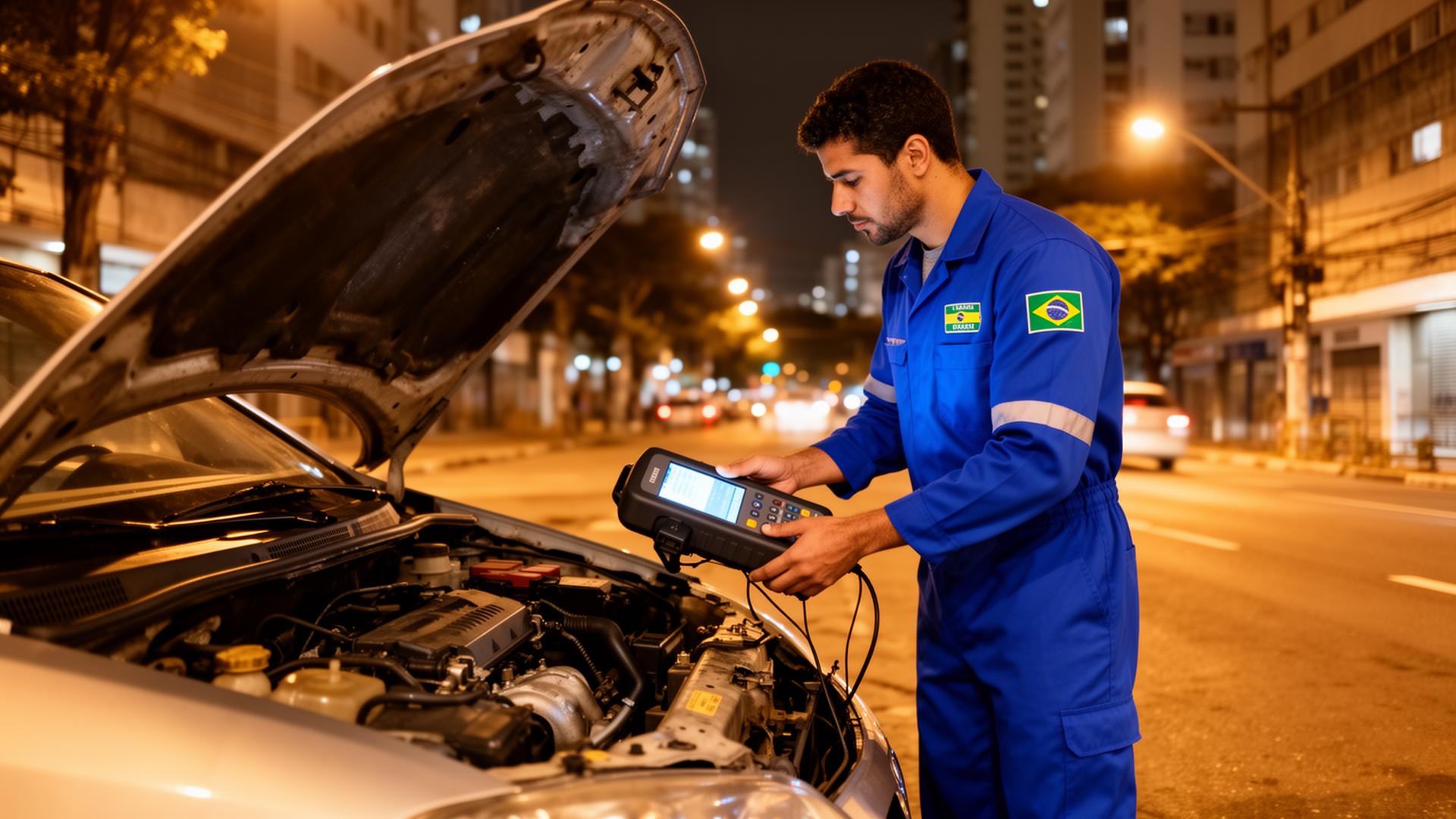 Mecânico atendendo carro na rua
